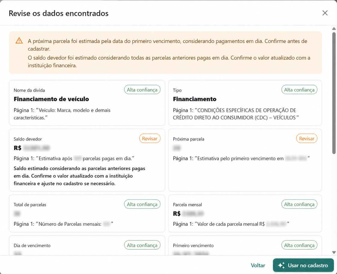 Revisão por IA de contrato com identificação, valores e datas anonimizados.